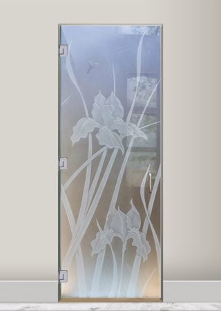 Shower Door featuring a Frosted Glass Floral Design Sandblast Etched Glass Iris Hummingbird Design by Sans Soucie