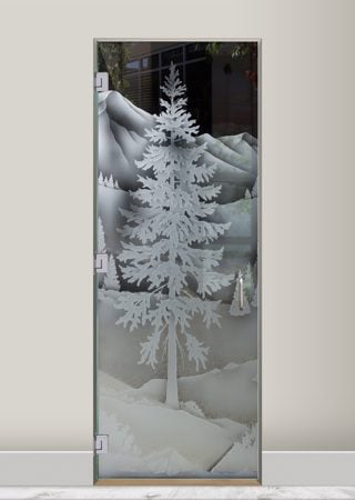 Shower Door featuring a Frosted Glass Tree Design Sandblast Etched Glass Oregon Clear Skies Design by Sans Soucie