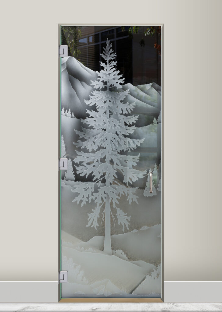 Carved glass shower door with decorative design Oregon clear Skies Semi-Private 3D Carved and Shaded Glass Design