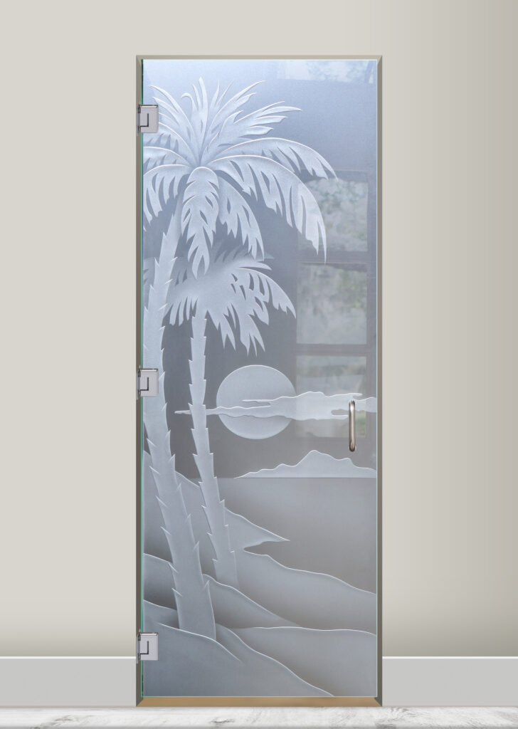 Frosted 3D carved glass shower door with palm tree sunset design, privacy etched glass with soft layered dunes and sun