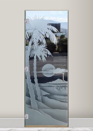 Interior Glass Door showcasing a Frosted Glass Palm Trees Design with Sandblast Etched Glass Art by Sans Soucie Palm Sunset Waves Design