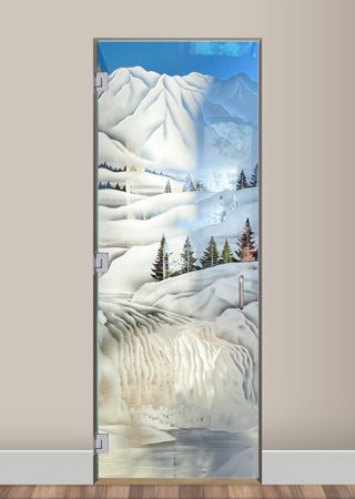 Interior Glass Door featuring a Frosted Glass Landscapes Design Sandblast Etched Glass Pine Falls Design by Sans Soucie