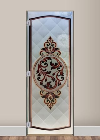 Interior Glass Door showcasing a Frosted Glass Traditional Design with Sandblast Etched Glass Art by Sans Soucie Royal Filigree Design