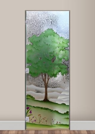 Interior Glass Door showcasing a Frosted Glass Tree Design with Sandblast Etched Glass Art by Sans Soucie Seasons Spring Design