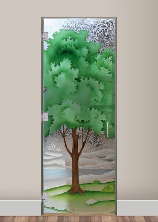 Interior Glass Door featuring a Frosted Glass Tree Design Sandblast Etched Glass Seasons Summer Design by Sans Soucie