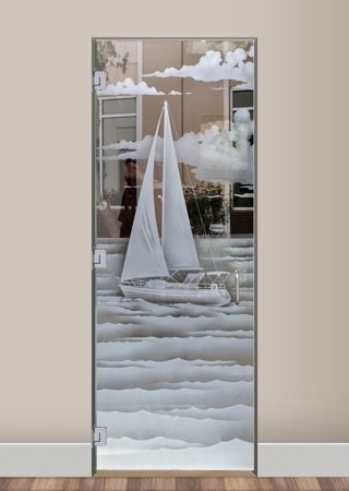 Shower Door featuring a Frosted Glass Oceanic Design Sandblast Etched Glass Setting Sail Design by Sans Soucie