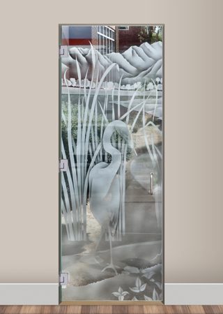 Interior Glass Door featuring a Frosted Glass Wildlife Design Sandblast Etched Glass Shy Egret Design by Sans Soucie