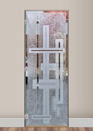 Interior Glass Door showcasing a Frosted Glass Geometric Design with Sandblast Etched Glass Art by Sans Soucie Stacked Bands Design