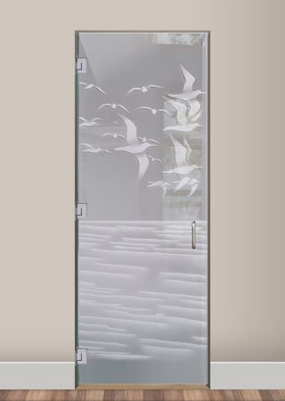 Interior Glass Door showcasing a Frosted Glass Oceanic Design with Sandblast Etched Glass Art by Sans Soucie Swallows Design