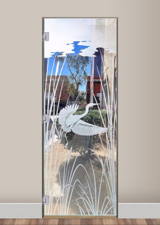 Interior Glass Door showcasing a Frosted Glass Wildlife Design with Sandblast Etched Glass Art by Sans Soucie Swooping Egret Design