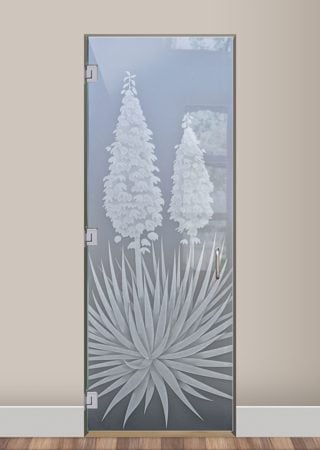 Shower Door with a Frosted Glass Yucca Foliage Design for Private by Sans Soucie Art Glass