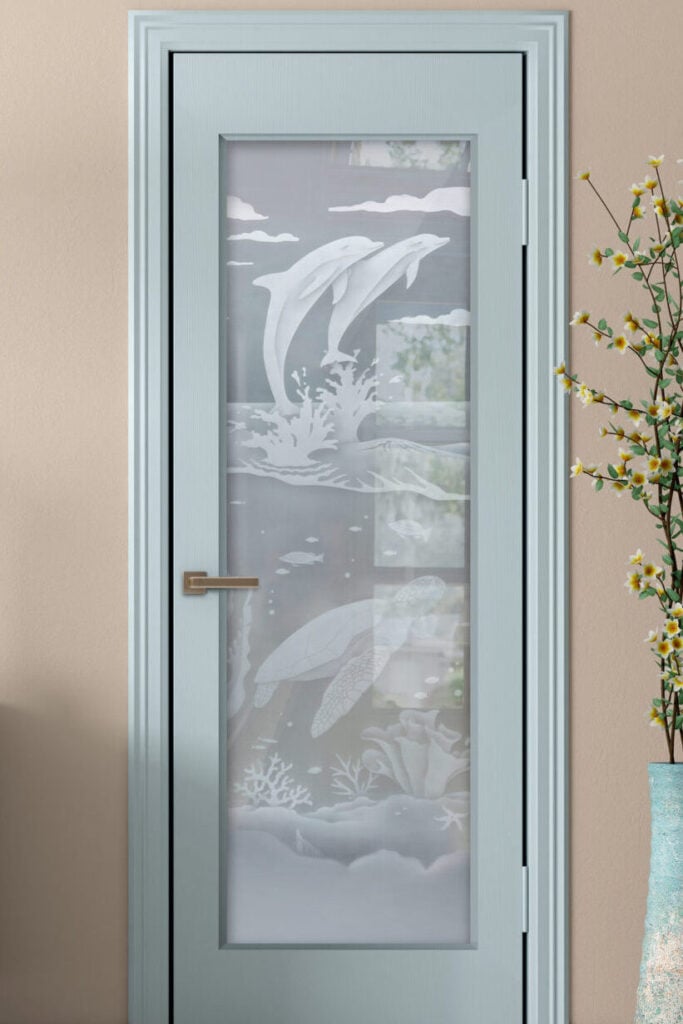 Glass Pantry Doors Dolphins Leaping & Sea Turtle Private 2D Frosted Glass Finish Pantry Door Coastal Oceanic Design Decor Style Sans Soucie
