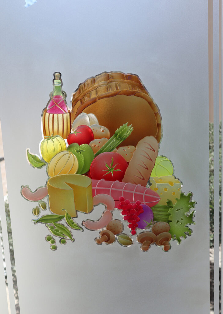 Pantry door glass insert with painted 3D carved design elements pantry goods