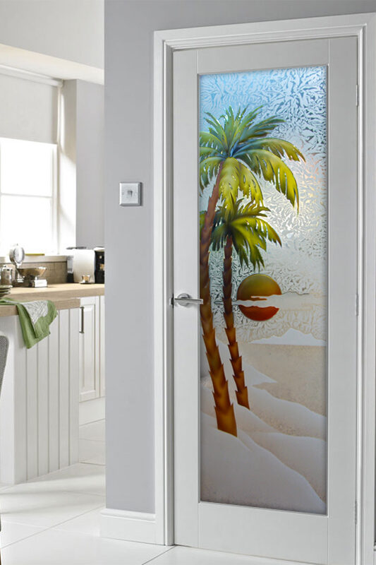 Coastal interior doors featuring painted and frosted glass with palm trees and a sunset beach scene, adding privacy and a warm tropical design