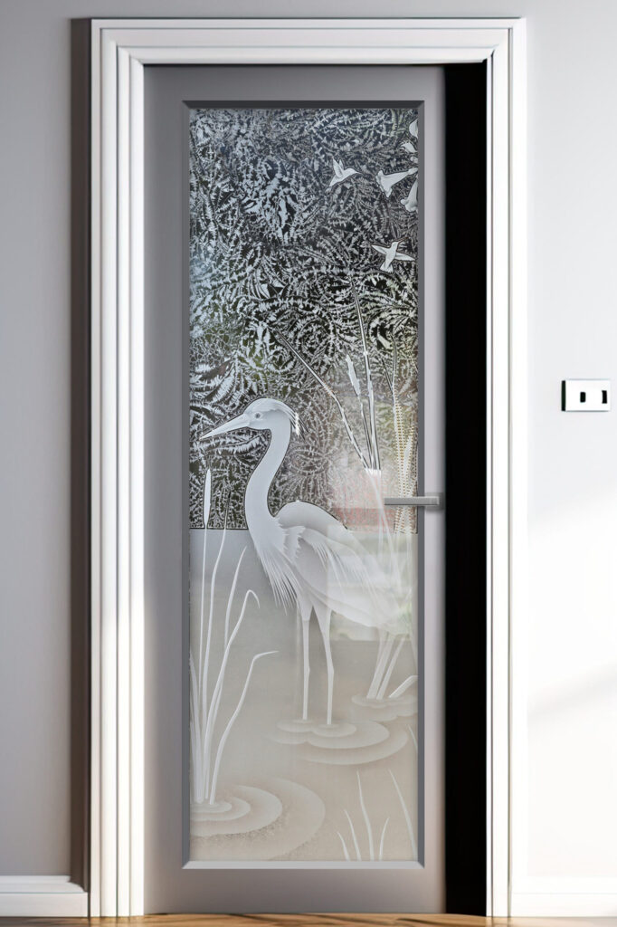 Interior Frosted Glass Doors Standing Egret Semi-Private 3D Enhanced Gluechip Bird Design Sans Soucie