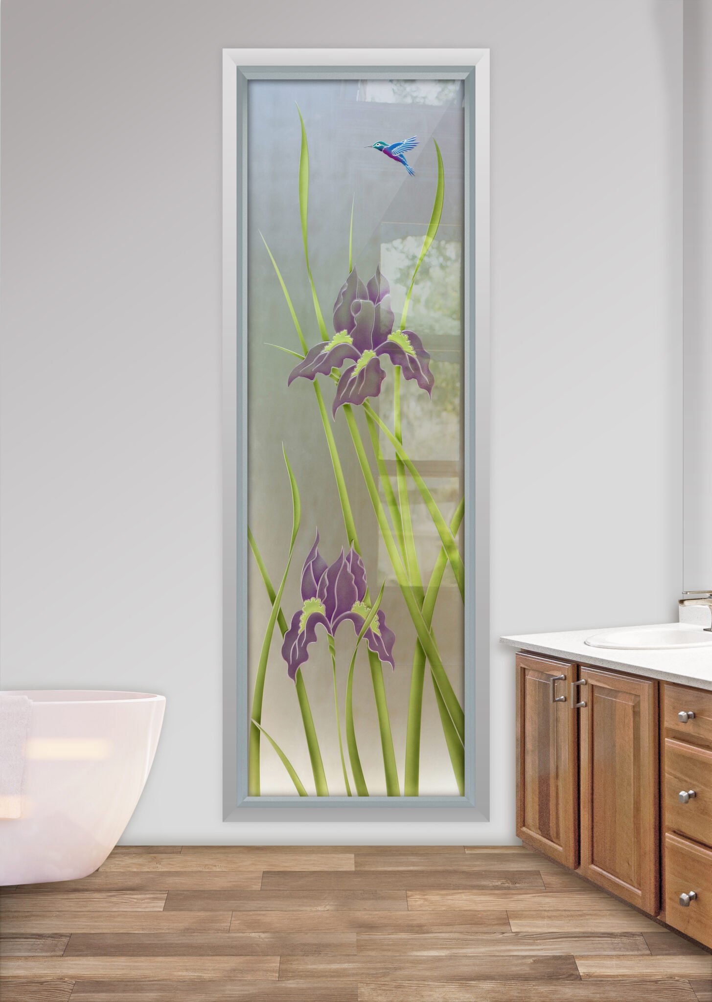 Iris Hummingbird glass bathroom window with floral and bird design.