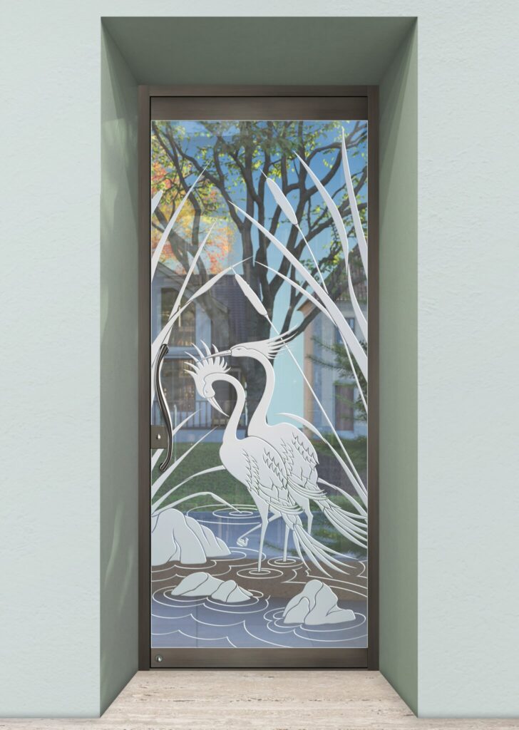 Frosted All Glass Exterior Door Cranes & Cattails Semi-Private 3D Solid Frosted Glass Finish Frameless Glass Front Entry Door Traditional Decor Wildlife Bird Design Sans Soucie