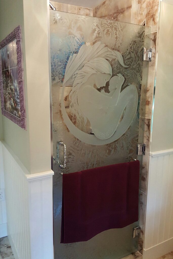 Frosted Glass Shower Doors Mermaid and Child Semi-Private 3D Enhanced Gluechip Glass Finish Sans Soucie