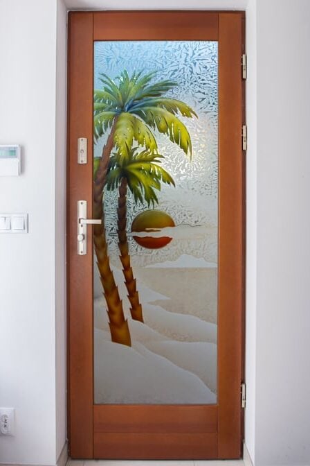 Frosted Glass Pantry Door Palm Sunset Semi-Private 3D Enhanced Painted Gluechip Slab Prehung Interior Door Glass Interior Door Tropical Beach Decor Sans Soucie