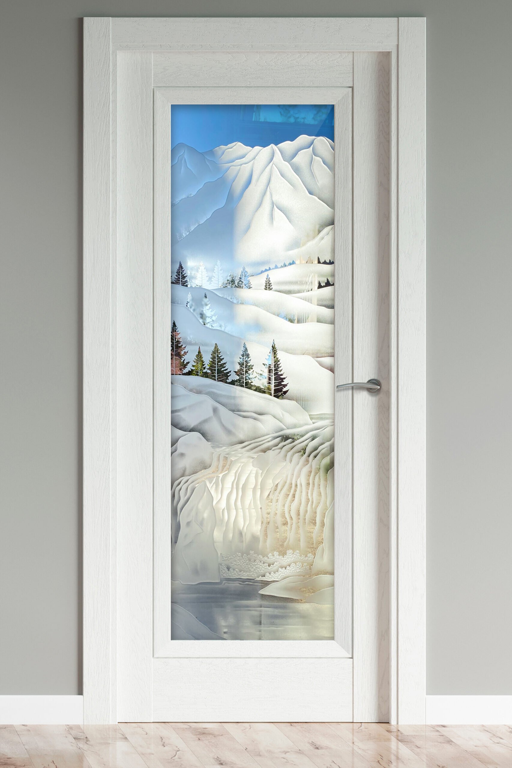 Glass Pantry Doors Pine Falls Semi-Private 3D Enhanced Clear Glass Finish Landscape Rustic Decor Sans Soucie 
