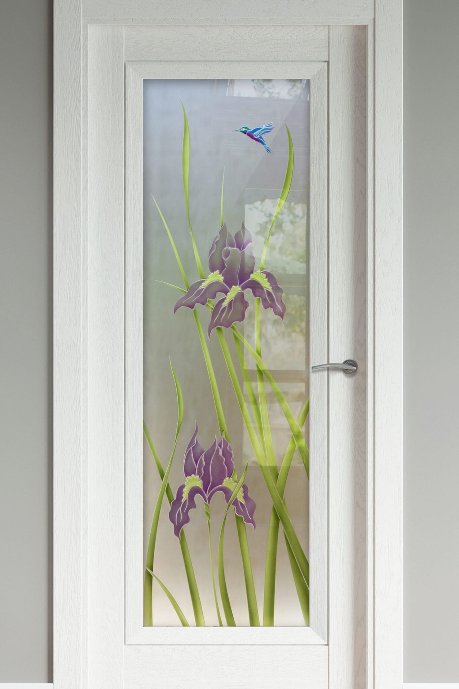 Glass Pantry Doors Interior Frosted Glass Doors Iris Hummingbird Private 3D Painted Frosted Glass Finish Floral Design Cottage Core Traditional Decor Sans Soucie