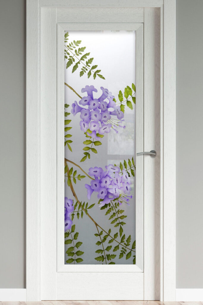 Frosted Glass Pantry Doors Jacaranda Floral Design Private 3D Enhanced Painted Farmhouse Cottage Core Decor Sans Soucie