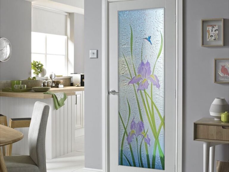 glass bathroom door featuring etched patterns for stylish bathroom entry ideas. Bathroom door with textured glass that improves privacy while keeping the room naturally lit.