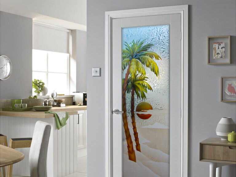 Modern bathroom door idea with gluechip glass panel for a contemporary look.
