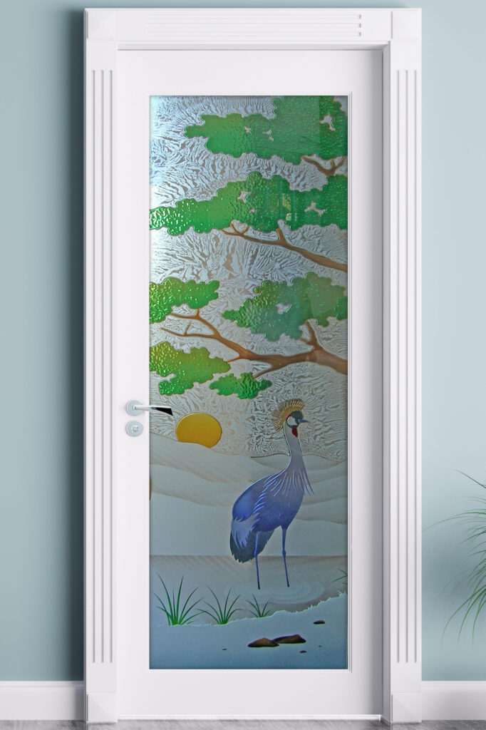 Frosted Glass Pantry Doors African Crane Semi-Private 3D Enhanced Painted Gluechip Wildlife Bird Design Sans Soucie
