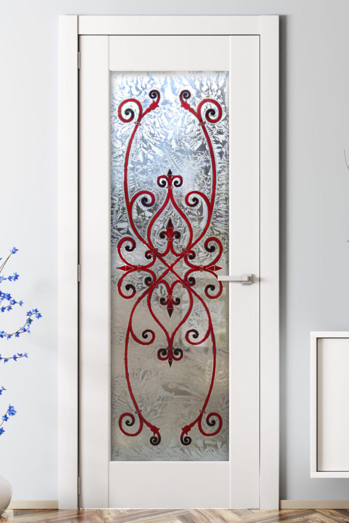 Painted pantry door with ornate red scrollwork painted on frosted glass