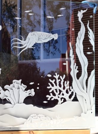 Partition with a Frosted Glass Aquarium Sea Life Wildlife Design for Semi-Private by Sans Soucie Art Glass