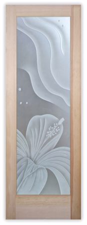 Pantry Door showcasing a Frosted Glass Tropical Design with Sandblast Etched Glass Art by Sans Soucie Hibiscus Ripples Design