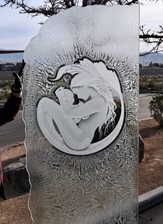 Partition featuring a Frosted Glass Oceanic Design Sandblast Etched Glass Mermaid and Child Design by Sans Soucie