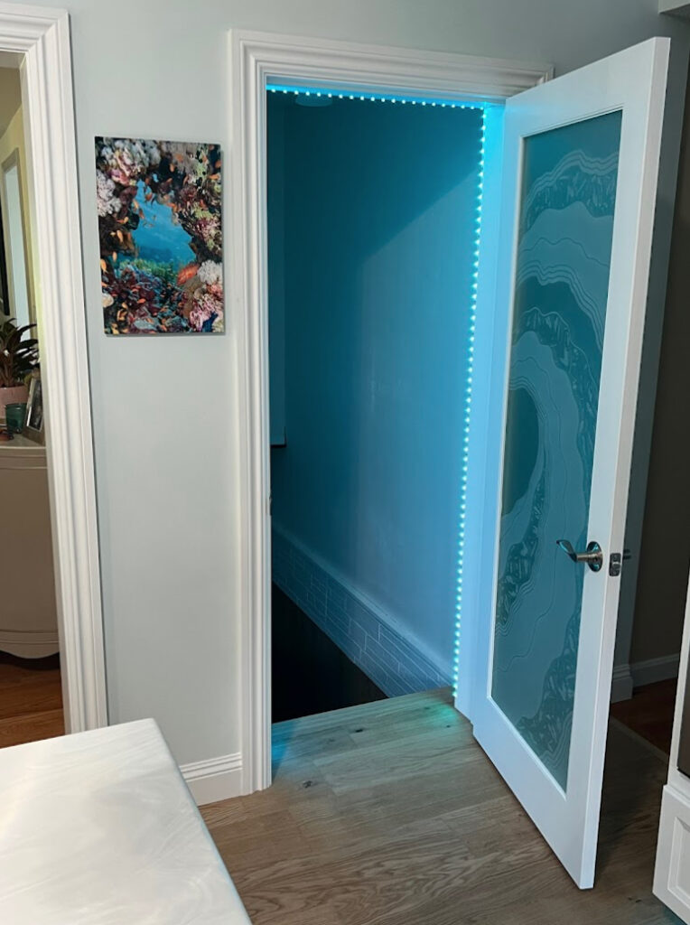 interior glass door with 3D carved glass design illuminated with blue LED edge lighting in hallway