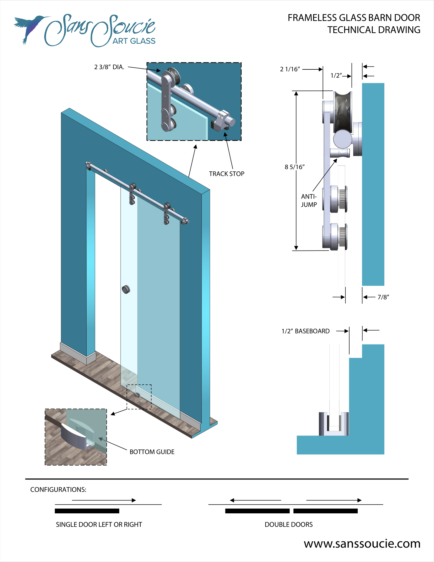 Expertly designed frameless glass barn door technical drawing showing high-quality track system, anti-jump rollers, and durable bottom guide installation.