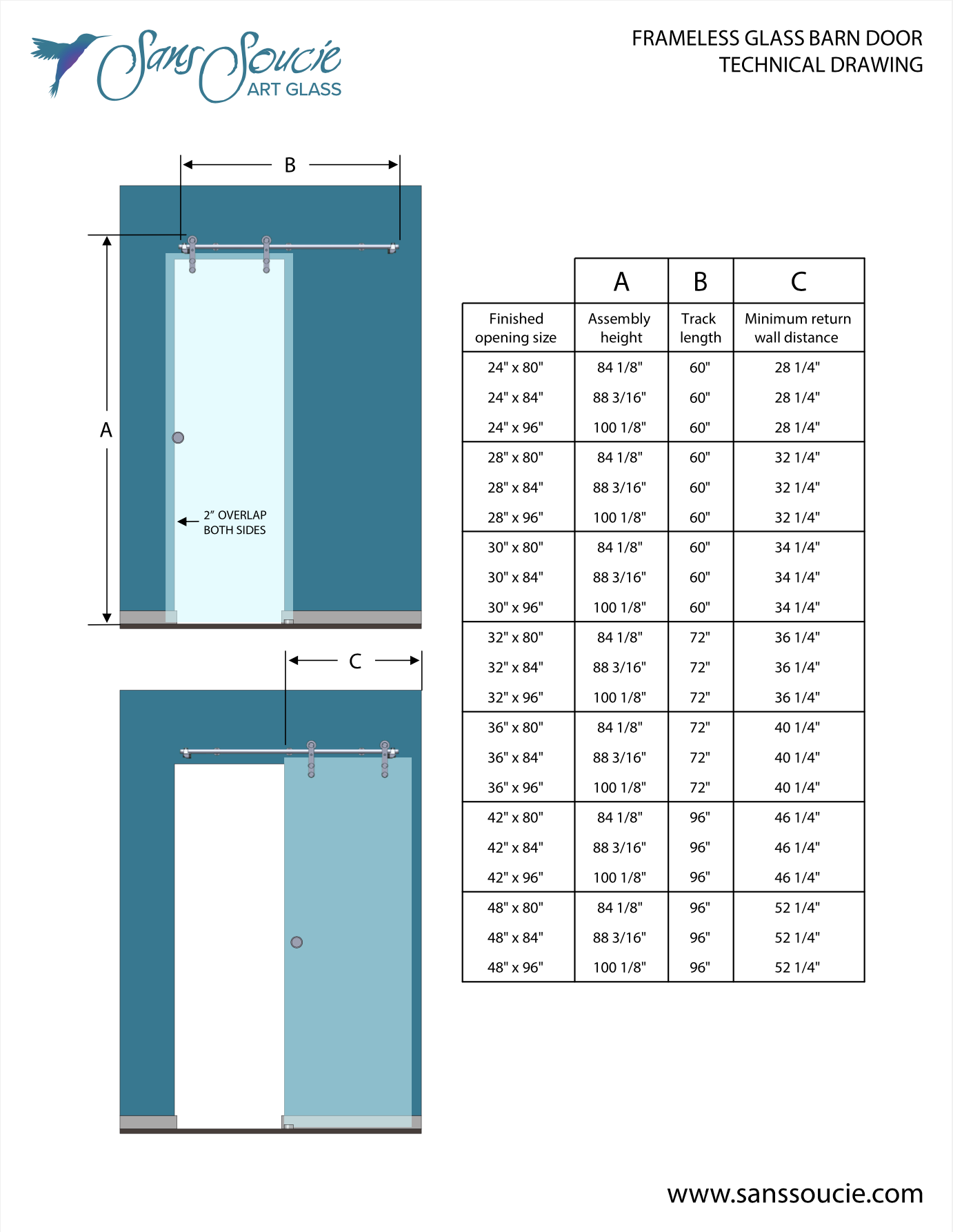 Durable frameless glass barn door technical drawing with assembly height, track length, and professionally crafted door size specifications for custom installations.