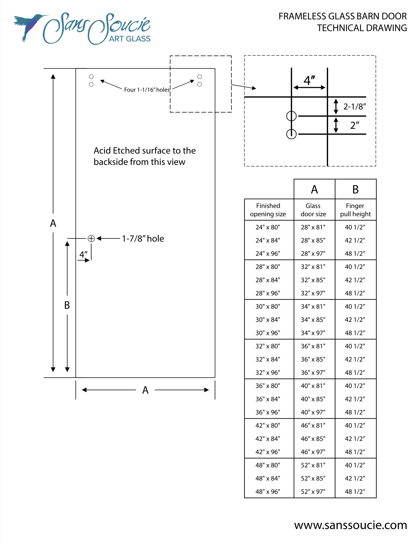High-quality frameless glass barn door technical drawing showing expertly crafted hole placement, finger pull heights, and acid etched glass details.