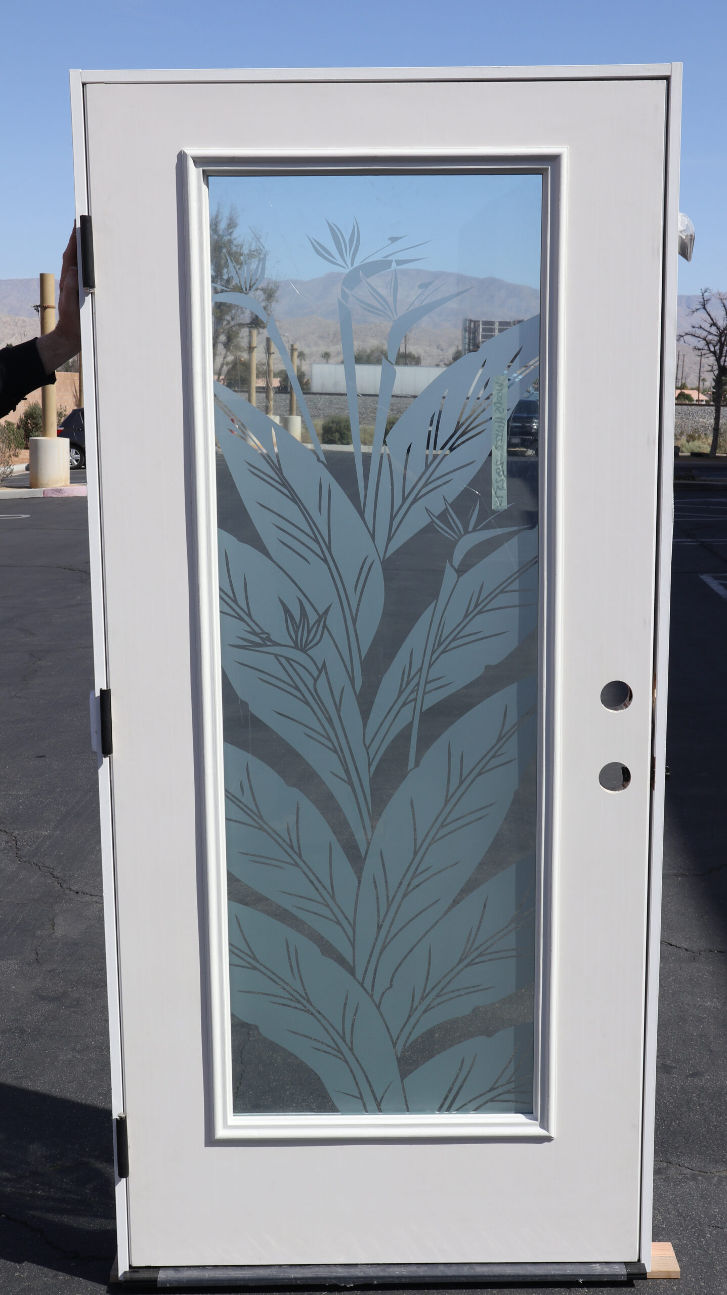 Custom fiberglass entry door with glass featuring a sandblast-etched glass panel by Sans Soucie Art Glass, combining durability and artistic privacy design.
