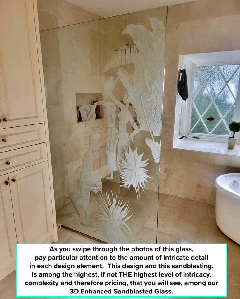 Custom 3D Enhanced carved glass shower partition with Nile maidens design, showcasing highly detailed sandblasted art glass and elegant bathroom privacy panel.