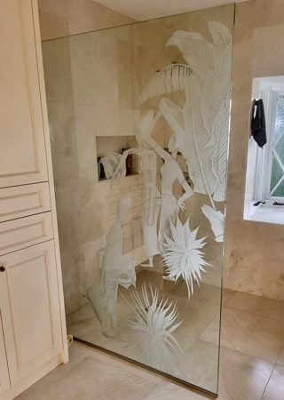 Shower Partition featuring Frosted Glass Design Etched Glass by Sans Soucie Art Glass with Custom African Design Nile Maidens