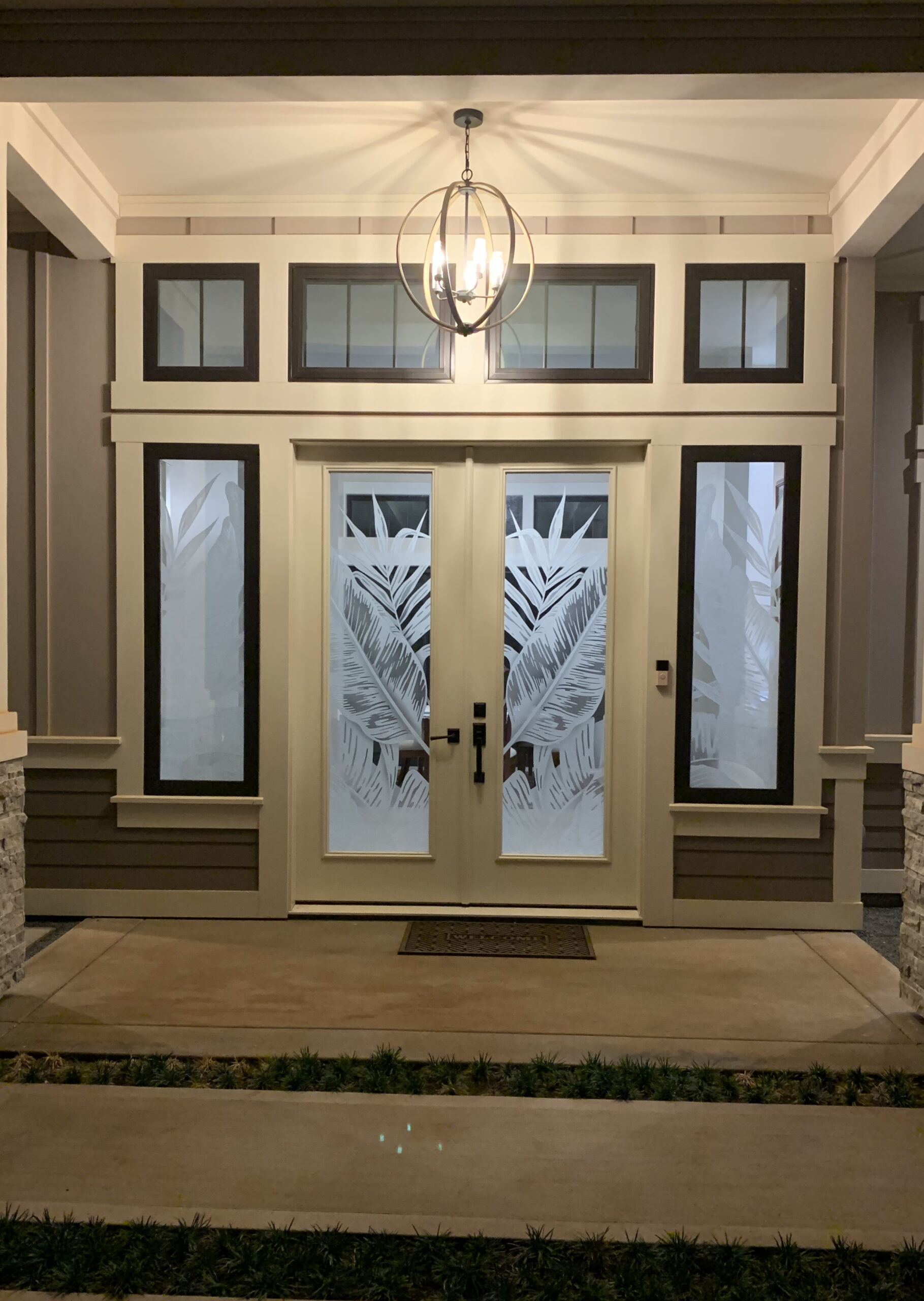 Modern exterior French doors with Bahama Leaves frosted glass design