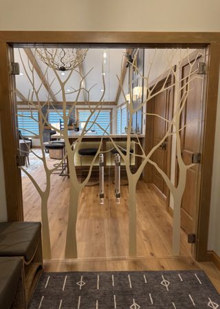 Shower Door with a Frosted Glass Sleek Trees Tree Design for Semi-Private by Sans Soucie Art Glass
