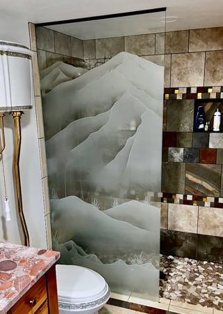 Shower Partition with Frosted Glass Desert Mountains Foliage Design by Sans Soucie