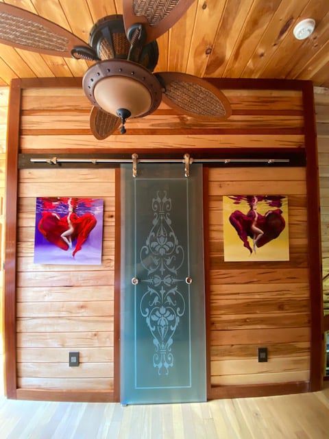 Modern frosted glass barn door with elegant etched scroll design installed as decorative statement door in home interior