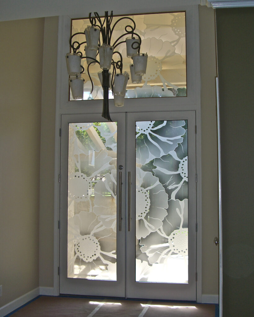 Glass front doors with transom window