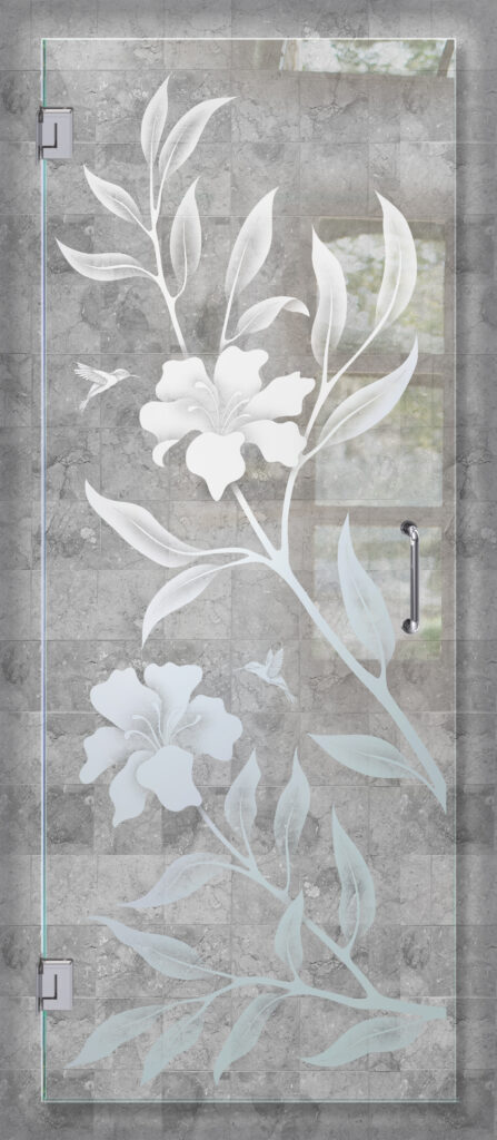 frosted glass shower door sans soucie art glass design hibiscus hummigbirds
