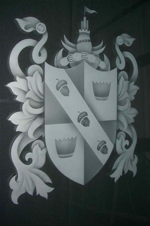 Interior Glass Insert featuring a Frosted Glass Logos Design Sandblast Etched Glass Family Crest Example Design by Sans Soucie