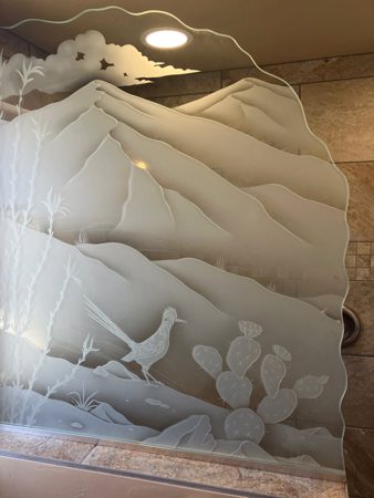 Shower Partition showcasing a Frosted Glass Desert Design with Sandblast Etched Glass Art by Sans Soucie Ocotillo Roadrunner Design