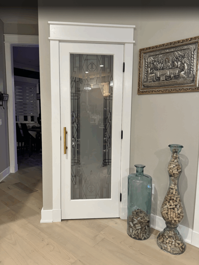 Art Deco interior glass door. Frosted glass interior door from Sans Soucie Art Glass.