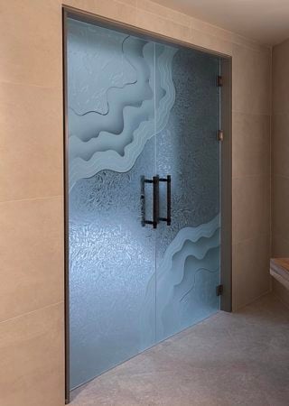Shower Door with sandblast Frosted Glass Design Art Glass Featuring Sandblast Etched Glass by Sans Soucie